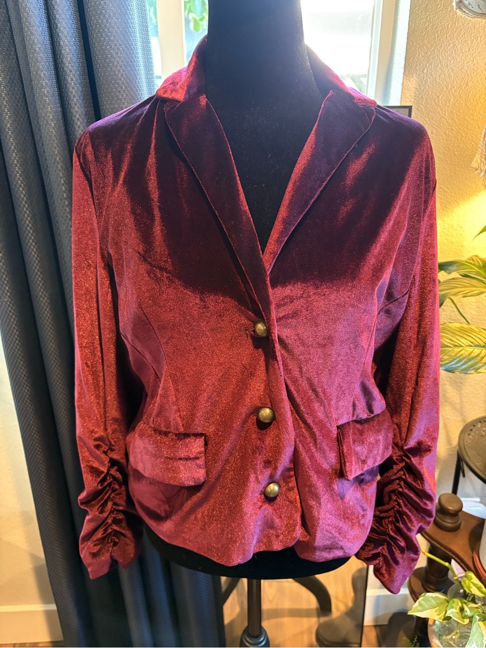 Rich Burgundy Lined Velvet Button Blazer Jacket by Style Me